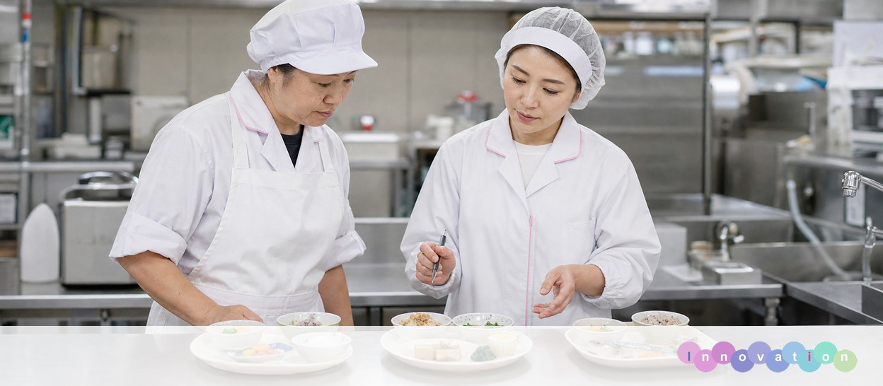 AIで作成した画像。実在の施設・職員ではありません（調理師・栄養士・盛り付け確認の場面）