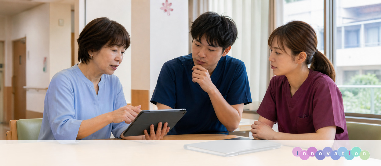 AIで作成した画像。実在の施設・職員ではありません（相談員・ケアマネ・支援計画確認の場面）