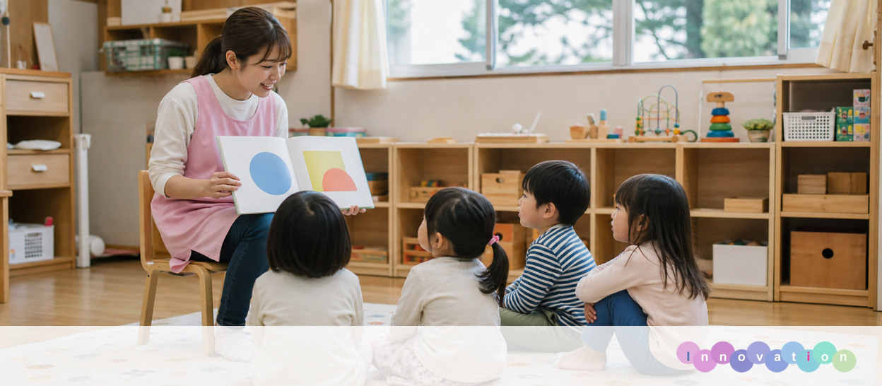AIで作成した画像。実在の施設・職員ではありません（保育士・読み聞かせの場面）