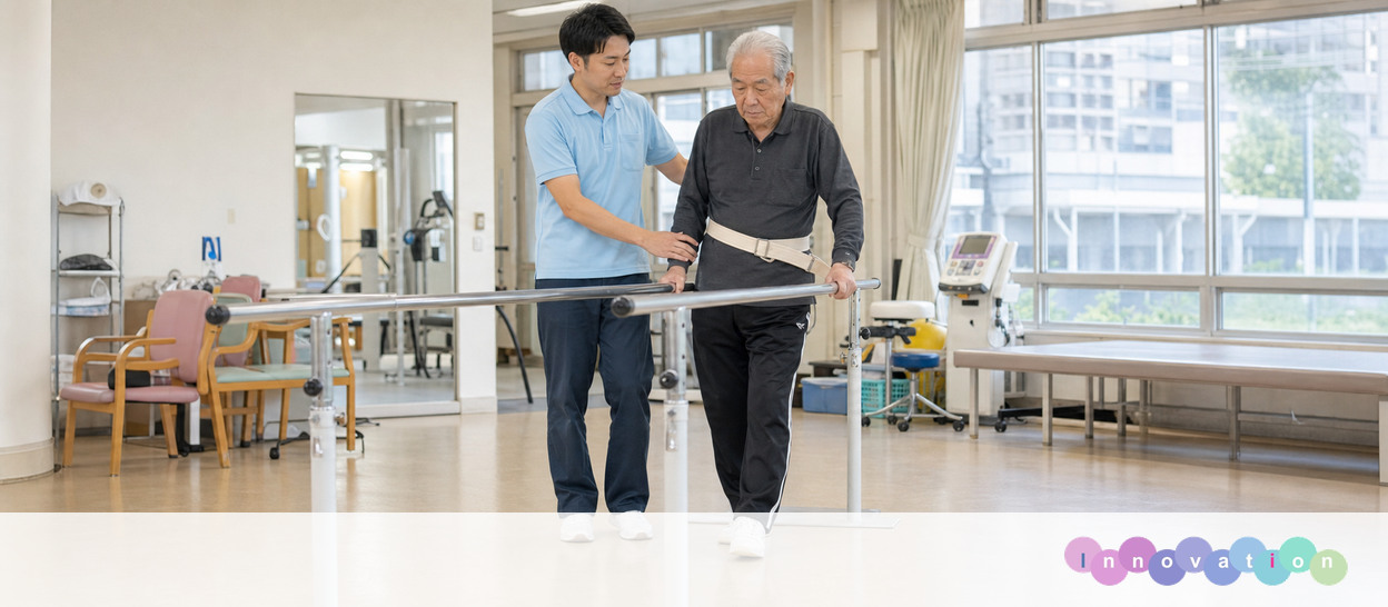 AIで作成した画像。実在の施設・職員ではありません（リハビリ職・平行棒歩行の場面）